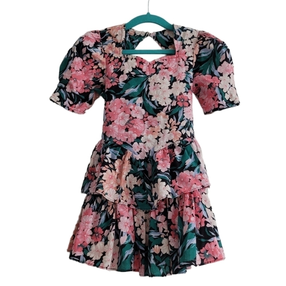 VTG Eve Too! Girls 6 80s Floral Ruffle Tiered Tea Dress Puff Sleeve